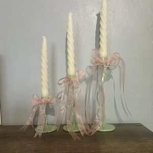 Set of Three Twisted Candles and Green Holders with Pink Bows